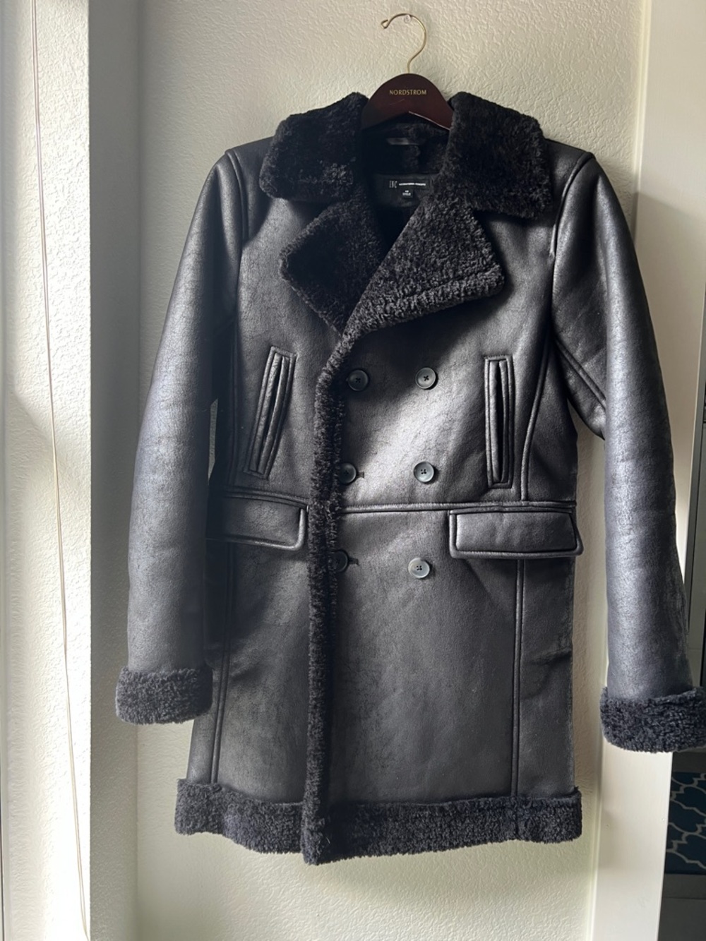 INC International Concepts Black Double-Breasted Shearling-Trim Pea Coat